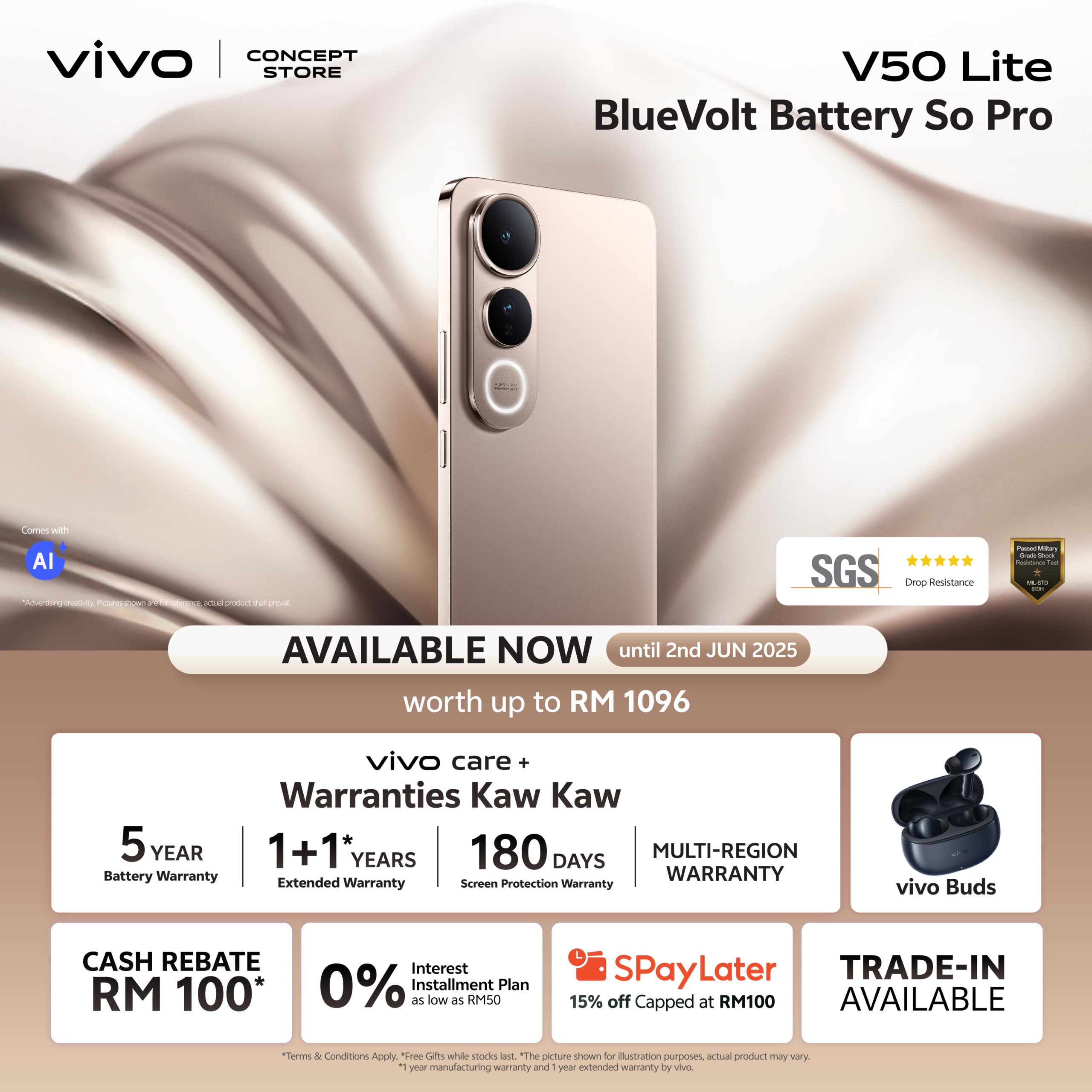 大马售价RM1299起!vivo V50 Lite 5G发布:6500mAh电池+90W闪充、50MP主摄、AI功能等! 21 vivo V50 Lite Available Now English 1 scaled