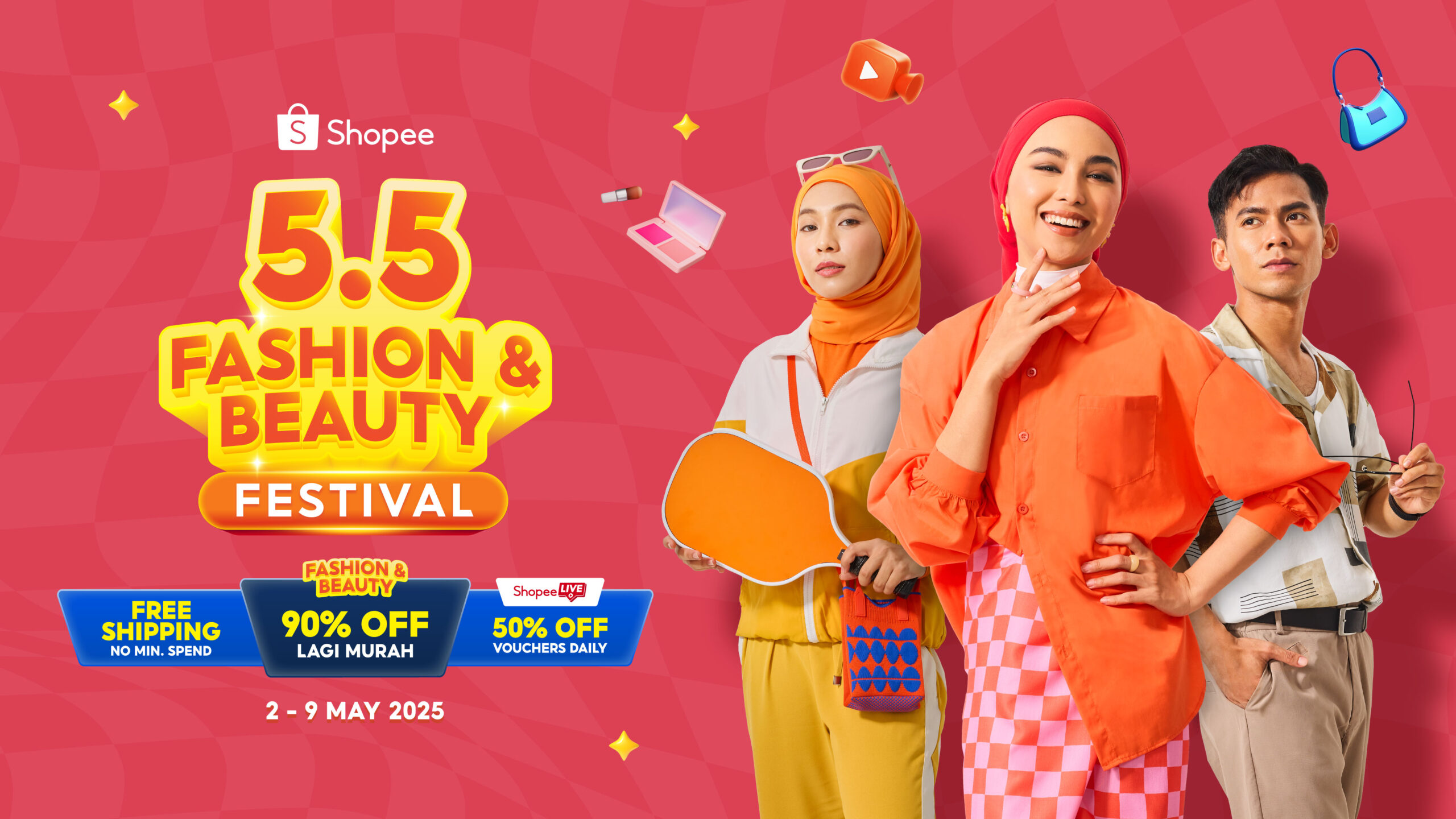 Lagi Murah开抢啦!Shopee 5.5美妆时尚节:全场高达90%折扣+免运+每日50%直播优惠券! 2 5.5 Fashion Beauty Festival Key Visual ENG 1 scaled