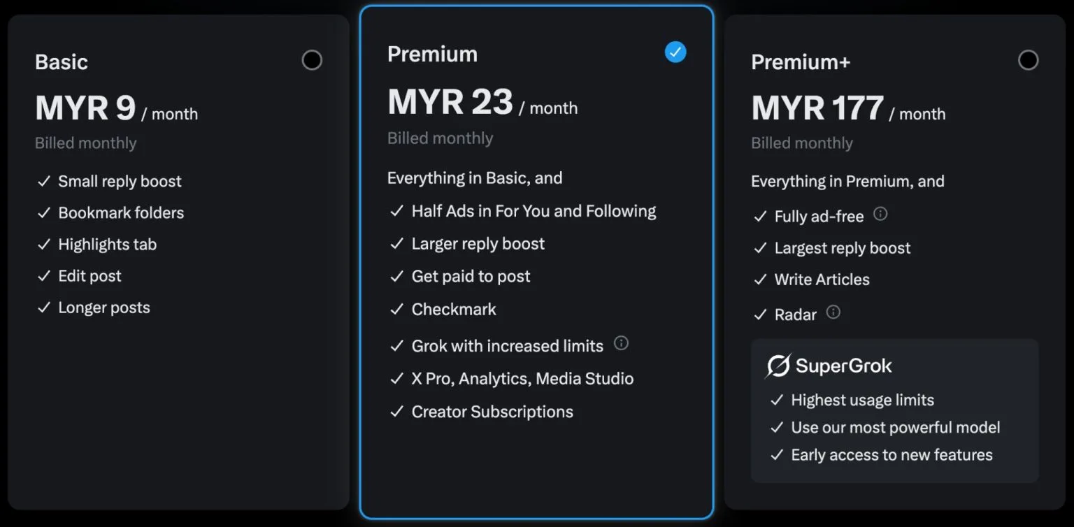 想要蓝勾勾趁现在!X 平台订阅降价:Basic每月只需RM9;Premium降至RM23! 2 X Premium 1536x754 1